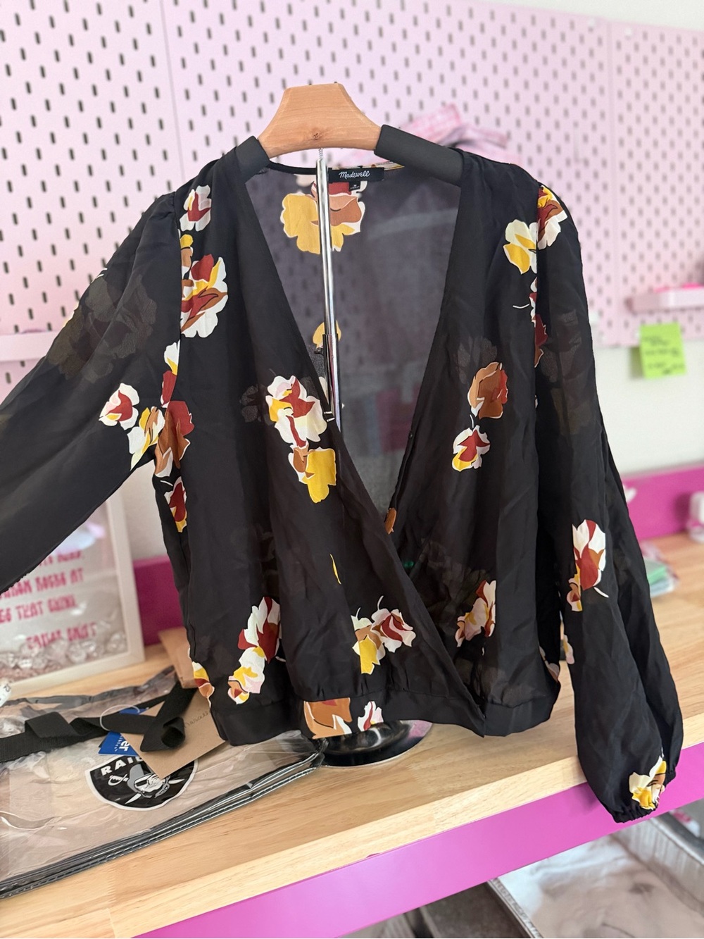 Madewell Black Floral Blouse with Yellow & Rust Accents